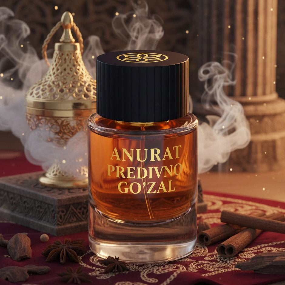 Perfume bottle labeled 'Anurat Predivno Go'zal' with smoke and decorative elements in the background